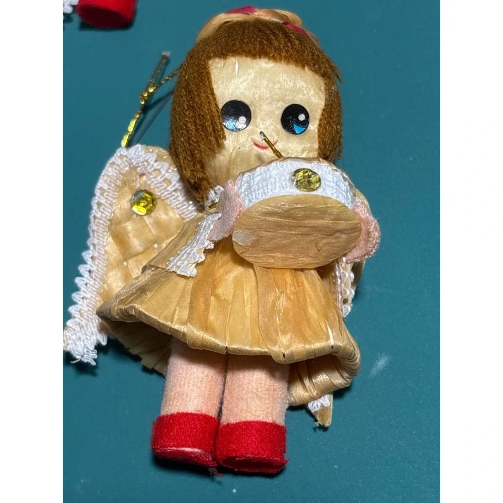 VTG Set Of‎ 3 Handmade Straw Angel Ornaments With Red Shoes & Golden Harps